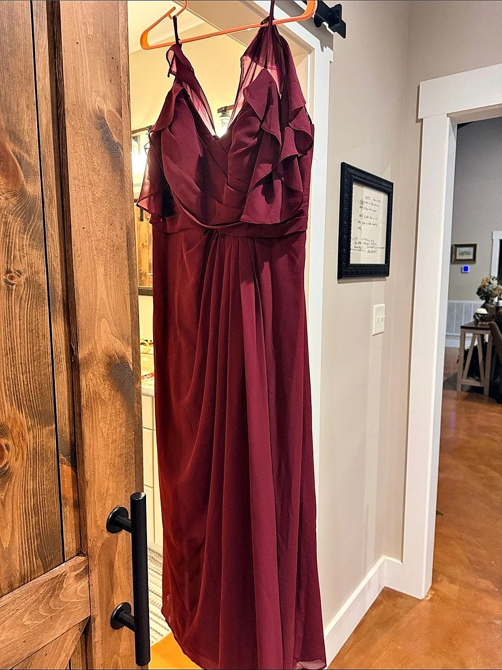 Mac Duggal Ruffle Shoulder V-Neck Chiffon Gown Burgundy Maxi Dress